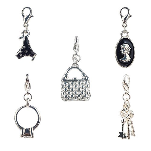Best Price And Quality Set of 5 Stylish Silver Colored Clip On Pendants / Charms For Bracelets / Bangles In Shapes of Hand Bag, Black Dotted Panties, Ring With Rhinestone, Three Keys And Cameo With Roman Bust By VAGA