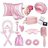 Kit de 16 Piezas para Cabello y Cuidado Facial, Rizador Sin Calor, Gorro de Seda, Funda de Almohada, Antifaz, Rodillo...
