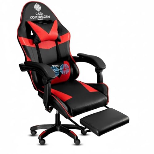 Image of Casa Copenhagen Designed in Denmark,High-Back Italian Leather Gaming Ergonomic Chair with Advanced Mechanism & Electric Back Massager, Memory Foam Seating & Multi Function Arm-Rest - Red & Black