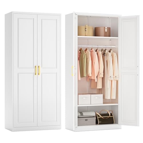 Metal Armoire Wardrobe Closet with Doors and Shelves, 71" Tall Freestanding Wardrobe Cabinet for Hanging Clothes, Large Closet with Hanging Rod for Bedroom, Office, School, Employee, Gym, Wh