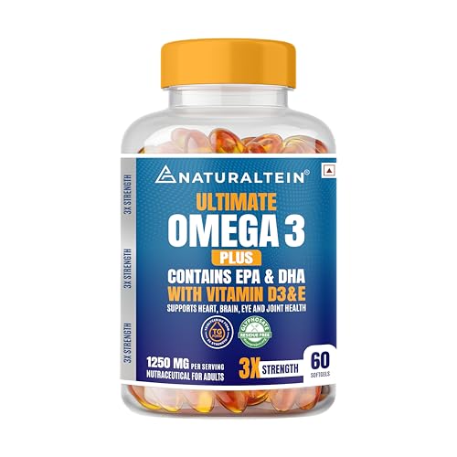 Image of NATURALTEIN Ultimate Omega-3 plus Fish Oil 1250mg Triple Strength Softgel Capsules with vitamin D3 and E | 450mg EPA & 300mg DHA in Triglyceride Form for Better Absorption | Heart, Brain, Eye & Joint Support | Glyphosate-Free | 60 Softgel Capsules | 60-Day Supply