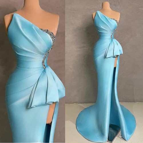 Strapless Evening Gowns 2024 Beaded Satin Ruched Mermaid High Slit Long Prom Dresses for Women4