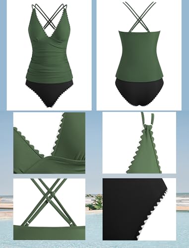 Image of ZAFUL Womens Tankini Swimsuits V Neck Push Up Swim Top Color Block Tummy Control High Waisted Bathing Suits Swim Bottom
