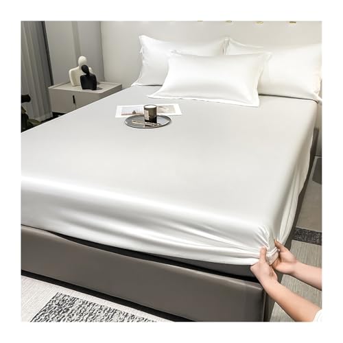 Sábana bajera ajustable de 180 x 200 cm, suave y sedosa, ropa de cama de lujo para hotel, ropa de cama fresca de verano, bolsillo profundo de 25 cm, color blanco (incluye 2 fundas de almohada de 48 x