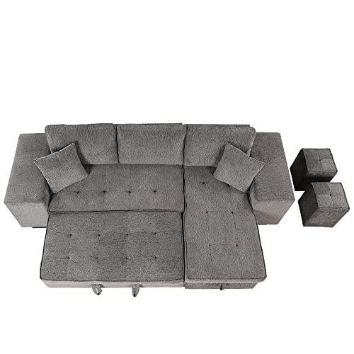 Merax 104.5" L-Shape 3 Seat Reversible Sectional Sofa Couch With Pull Out Bed, Sleeper Sofa With Storage Chaise And 2 Stools For Living Room Furniture Set #TOP7