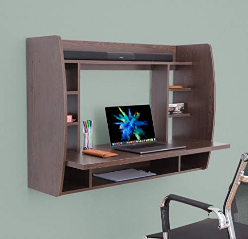 Image of Basicwise Wall Mount Laptop Office Desk with Shelves, Brown,