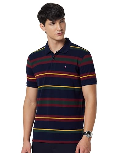 Louis Philippe Mens Cotton Slim Fit Pique Polo Tshirt with Stripes