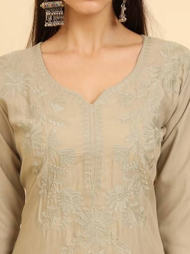 Image of Women's Chikankari-Lucknowi Embroidered Work | 3 /4 Sleeve | Knee Length | Round Neck | Cotton Fabric | Straight Kurta