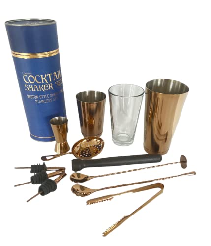 12 Piece Essential Stainless Steel Bartender Cocktail Boston Style Shaker Gift set, Professional Bar Tools for Drink Mixing, Home, Bar, Party (Rose Gold)