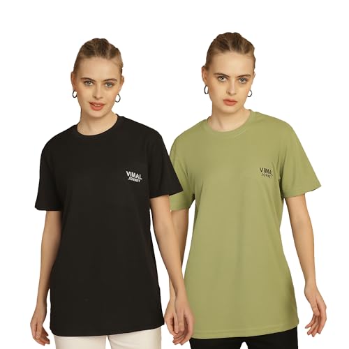 Image of Mack Jonney Solid Classic Fit Round Neck Polyester Lycra Half Sleeves Tshirt for Women(Pack of 2)-MACK630864