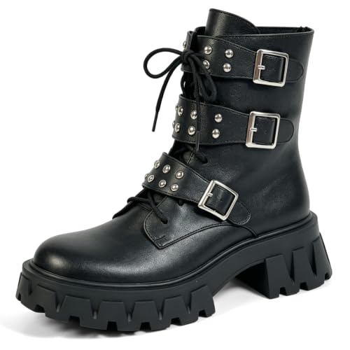 Image of MEOTINA Women Goth Boots Platform Chunky Heel Buckle Combat Ankle Booties | Edgy alt goth punk rave aesthetic for dress styling, rivets, lace up ,zip and lug sole design, black and white colors
