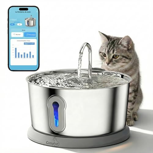 COSYFUR - Fontaine à Eau Connectée pour Chat – Acier Inoxydable 4L, Application Wi-FI, Filtration Quadruple, Ultra-Silencieuse, Suivi Hydratation & Santé