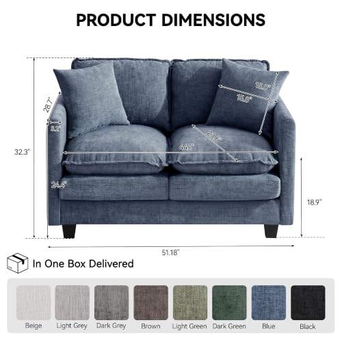 Image of 51'' Cloud Loveseat Couch, Love Seats Cloud Sofa with 2 Throw Pillows, Modern 2 Seater Sectional Couches with Deep Seat, Modular Sofas for Living Room, Bedroom, Small Apartment, Blue