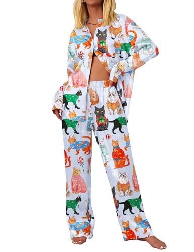 Ekouaer Womens Satin Silky Pajama Set 2 Piece Print PJs Soft Loungewear Button Down Sleepwear with Elastic Waist Long Pants