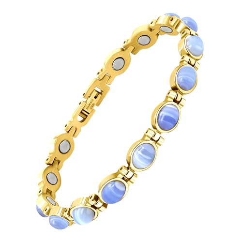 JEROOT Pulsera Magnética de Mujer, Azul Turquesa Natural, Acero Inoxidable 316L, Ajustable
