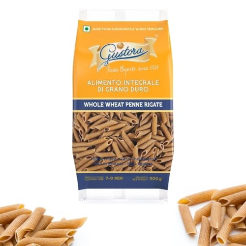 Image of GUSTORA Whole Wheat Penne Pasta 500g I Made of Whole Wheat Semolina I No Maida I Vegetarian I Rich in Protein & Fibre I Zero Cholesterol I Cooking Time 10 Min (500G)