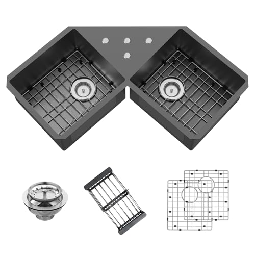 32.5Inch Black Corner Kitchen Sink - Double Bowl Stainless Steel Drop In Butterfly Undermount Modern Sink Come With Bottom Grid,Silicon Mat,Colander,Drain Assembly Nice Solution For Kitchen Corner