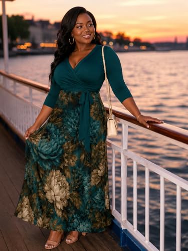 Image of Women's V Neck Floral Maxi Dress 3 /4 Sleeve Plus Size Boho Wrap Flowy Long Dresses with Belt