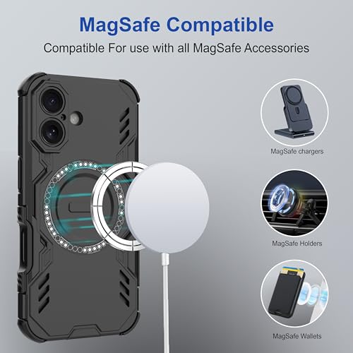 Image of amazon basics Back Case Cover for iPhone 16 | Magnetic Case with Built-in Metal Ring | Supports Mag-Safe Charger, Wallet & Car Mount | Shockproof Hybrid PC + TPU | Black