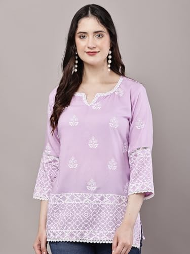 Image of Women's Pink Printed Short Kurti with Lace Trim, 3 /4 Sleeves, Ethnic Indian Style Top