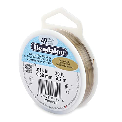 Beadalon 49 Strand Stainless Steel Bead Stringing Wire, .015 in / 0.38 mm, Satin Gold, 30 ft / 9.2 m