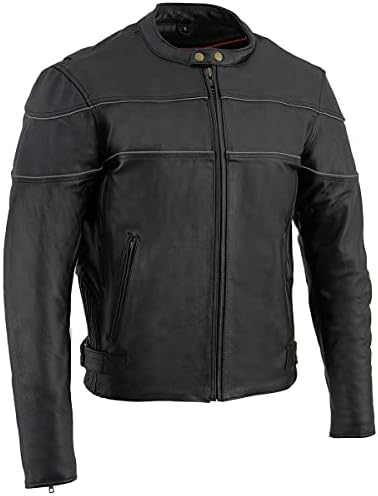 Milwaukee Leather LKM1785 Mens Black Leather Scooter Style Motorcycle Jacket w/Side Stretch and Reflective Piping - X-Large
