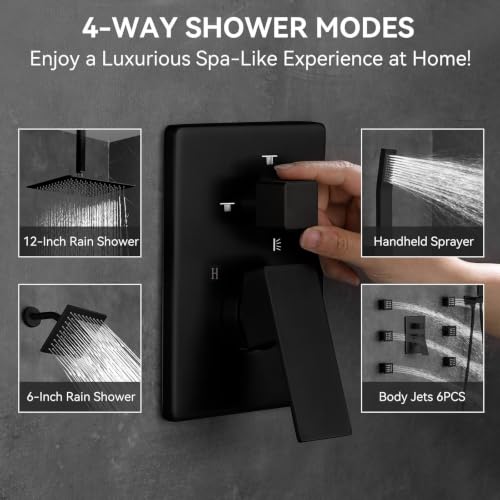 Image of Shower System Matte Black Dual Shower Head with Body Jets, Oupukle Four Modes Shower Faucet Set Ceiling Mount 12 inch Rain Shower Head & 6 inch Wall Mounted Head with 6PCS Body Jets