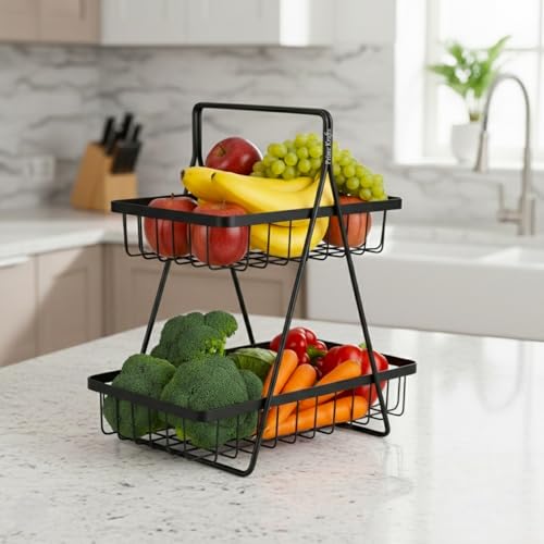 Image of 2 Tier Metal Fruit and Vegetables Basket with Handle | Fruit Vegetables Snacks and Bread Organizer for Kitchen, Dining Table, Livingroom | Bathroom Countertop Stand (Design 2 - Black)