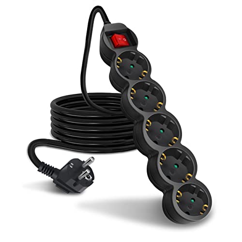 EXTRASTAR Steckdosenleiste 5-Fach Mehrfachsteckdose mit Save Energy Schalter zum Stromsparen, Kabel 3 m, Kindersicherung 16A, 3680W, Schwarz