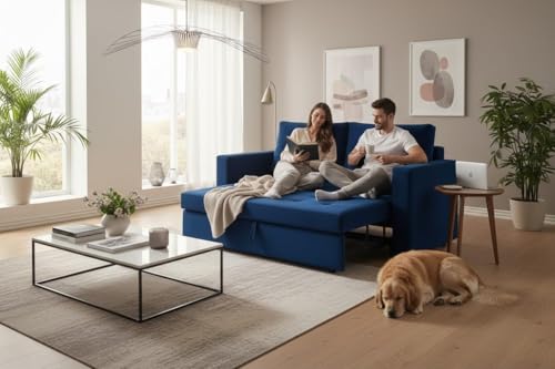 Image of FURNY Tressa 2 Seater Fabric Easy Pull-Out Sofa Cum Bed (Dark Blue) Premium Velvet Finish | Durable Comfort | Ideal for Living Room, Bedroom