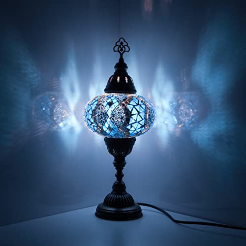 10 Variation Mosland Home Turkish Lamp Mosaic Table Lamps | Turkish Moroccan Lamp with Bronze Base | Handmade Tiffany Night Lamp | Mosaic Glass Bedside Night Lamp with Led Bulb (Blue)