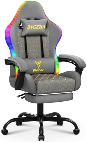 Racingreat RGB/LED Gaming Stuhl mit Lichtleiste und Fußstütze (Grau) | RGB/LED PC Stuh mit Footrests, 90°–135° Neigungswinkel Höhenverstellbar, Junge Erwachsene Gamer Büro Pause Fa