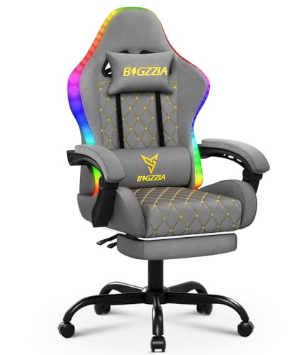 Racingreat RGB LED Gaming-Stuhl, Ergonomisch Gamer Chair mit Fußstütze/Kopfstütze/Lendenwirbelstütze, 90°-135° Neigung+Höhenverstellung+360° Drehung, PC Stuh für Jugendliche Erwachsene (Schwarz Grau)
