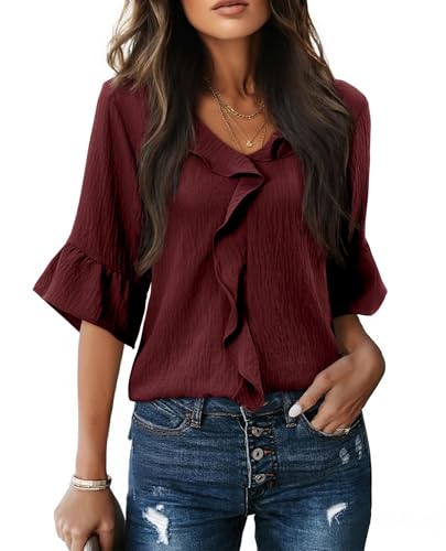 siliteelon Burgundy Tops for Women 3/4 Sleeve Ruffle Bell Blouse Ladies Business Formal Work Shirts Trendy 2026 Wine Red L