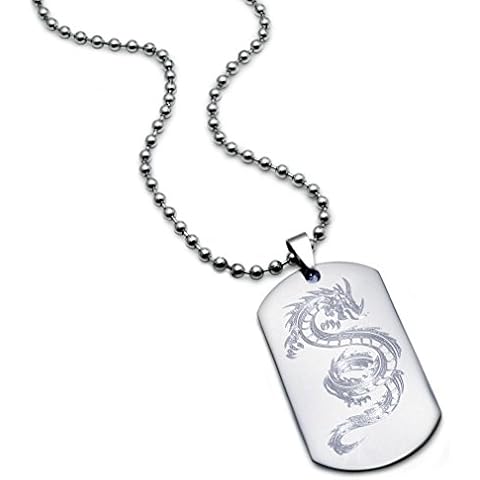 Kriskate & Co. Stainless Steel Dog Tag Necklace with Dragon Design Cover