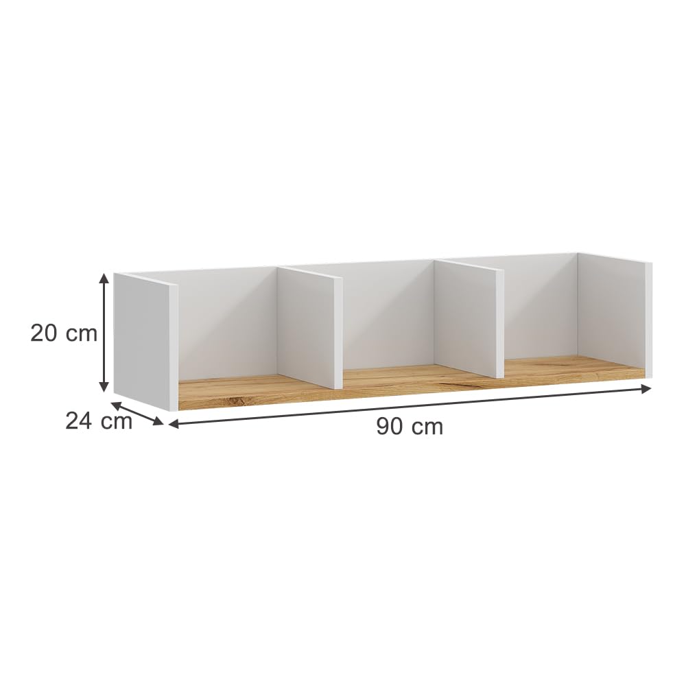 Vicco Estantería de Pared Tomy, Roble Blanco/Dorado, 90 x 20 cm, Apto para Montaje en Pared para almacenar Libros y Objetos Decorativos
