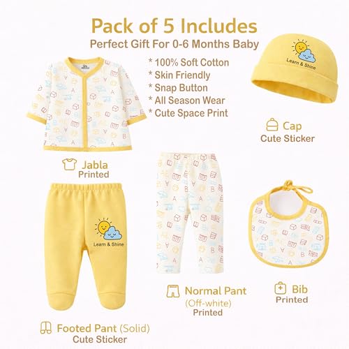 Image of Kidbee Baby Clothing Gift Set for Boys & Girls, 5 Piece Newborn Clothing Combo with Front Open Top, Pajama, Printed Pant, Cap & Bib, Soft Cotton, 0-6 Months Baby
