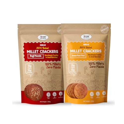 Image of NIHKAN Millet Crackers (Ragi Masala & Jowar Peri Peri Combo) - Gluten free | No Maida | High protein | High Fibre - Handmade & baked | Healthy Millet snack | Chai time guilt free snacks - No Preservatives & No Baking soda - 100g each