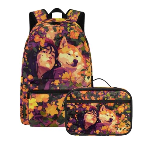 Girl and Shiba Inu Print Kids Backpack Set Animal Oil Painting Design School Bookbag with Lunch Box for Boys Girls