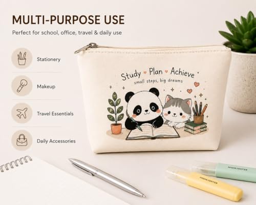 Image of DRUDRAYA Canvas Cute Panda & Cat Pouch | Storage Zipper Bag (Pack of 1)