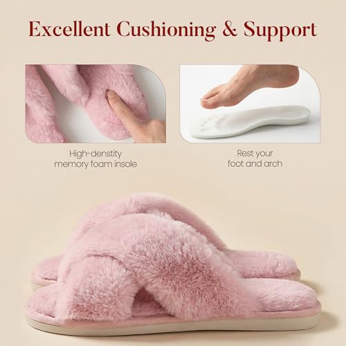 Image of Ankis Women's Fuzzy Slippers Cross Band Memory Foam Open Toe Comfy Soft House Shoes Anti-Slip Indoor Outdoor Gifts for Women