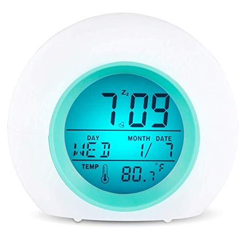 Kinderuhren, digitaler Wecker, Wecklicht, Sleep-Timer, 7 Farben ändern 8 Klingeltöne One-Tap-Steuerung mit Temperaturanzeige, Blau