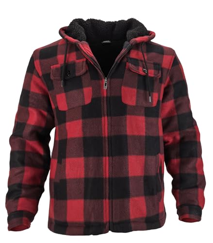 Image of Men's Flannel Jacket Hoodie Full Zip Up Plaid Thick Fleece Sherpa Lined Sweatshirt Winter Warm Coats