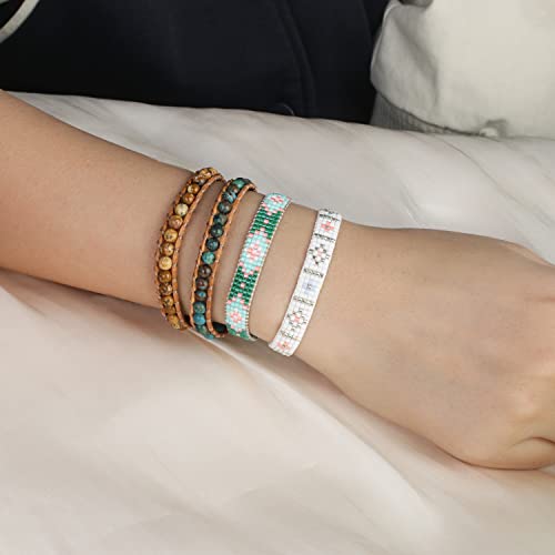 Image of KELITCH Double Wrap Bracelet Women Hand-Braided Turquoise Beads Bracelets Boho Leather Bracelets Bangle