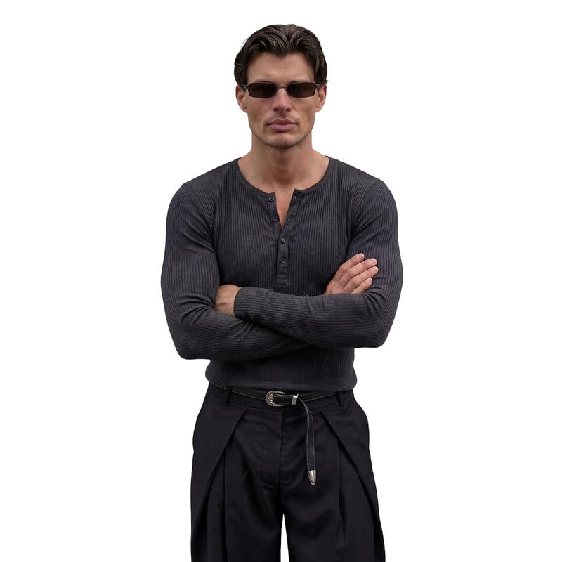 Image of FUGAZEE 100% Cotton Charcoal Muscle Fit Ribbed Henley Longsleeve T-Shirt