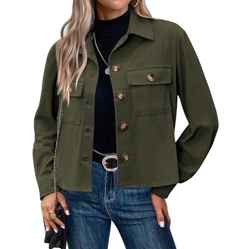 Corduroy Shacket for Women Fall Winter Warm Lapel Long Sleeve Button Down Cropped Jackets Casual Bomber Jacket Coats2