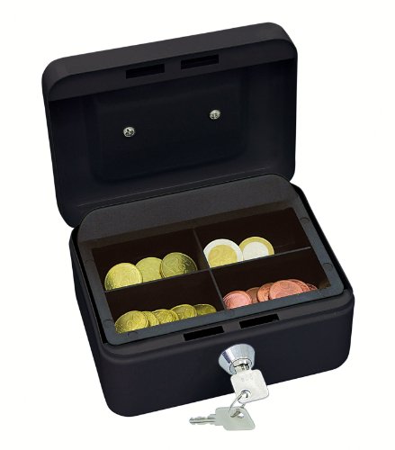 Wedo 145121X Geldkassette (aus pulverbeschichtetem Stahl, versenkbarer Griff, 4 -Fächer-Münzeinsatz, Sicherheits-Zylinderschloss, 15,2 x 11,5 x 8,0 cm) schwarz