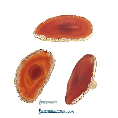 YOUYOUULU 3 Stück Natürliche Achatknäufe, Achat Edelstein Scheibe Möbel knöpfe, Steine Schubladenknöpfe mit Vergoldete Kante für Schrank Schublade Griffe Garderobe Ziehgriff (Rot-Orange) thumbnail
