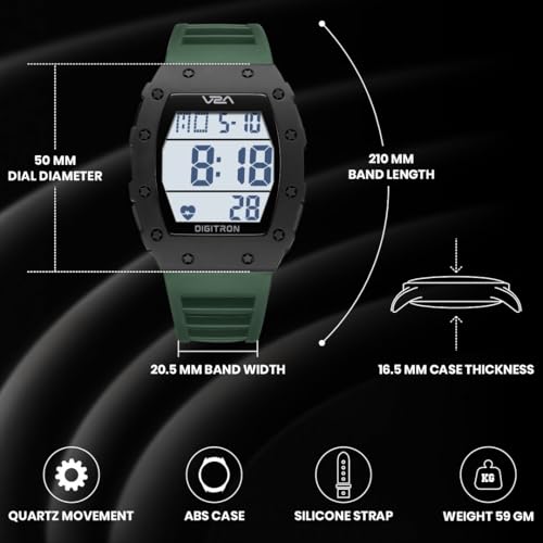 Image of V2A Digitron 2118 Tonneau Sports Watch for Men & Boys | Rugged Design | Big Dial | Alarm, Stopwatch, 12 /24H | 3 ATM Water Resistant | Luminous Display | Sports, Fitness, Outdoor & Training | Gifts for Men & Boy (DarkGreen-White)
