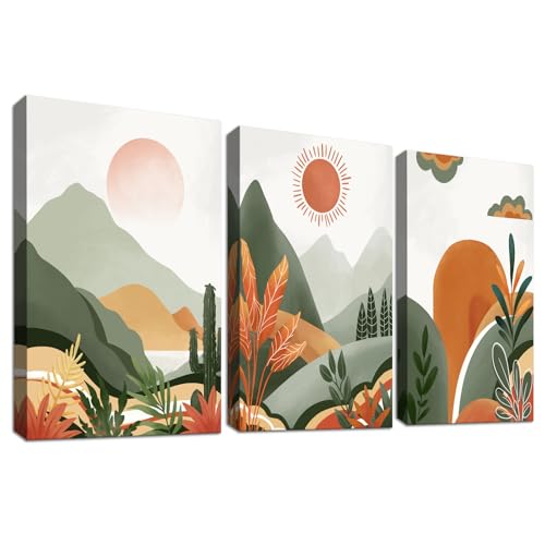 3 Pcs Marco de Madera Cuadro Moderno Bohemio Desierto y Sol Lienzo Decorativos Pintura Imagen Montañas Verdes y Plantas Cuadros Decoracion Salon Dormitorio Comedor Pasillo Fiesta 30cmx40cmx3